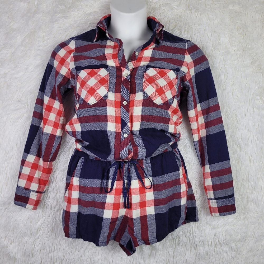 Aerie Red Blue Check Tie Waist Button Up Romper Sz M Spring‎ Farmcore Coastal